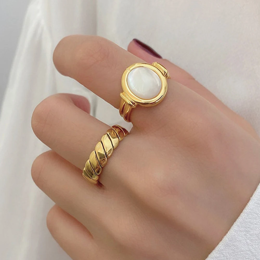 

Dainty Stainless Steel 18K Gold Filled Oval Shell Signet Ring wedding finger Rings Women Tarnish Free