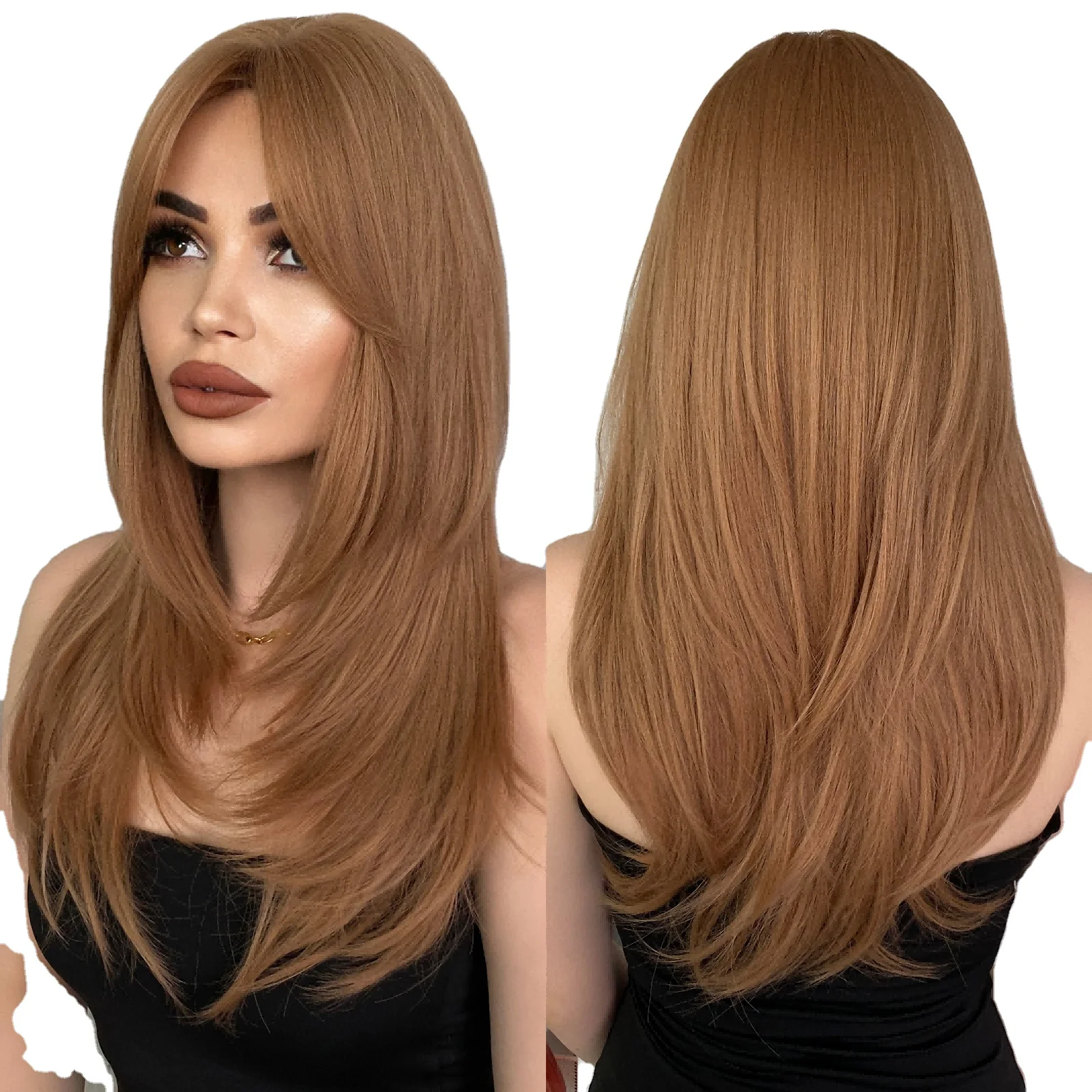 

Piruca Long Straight Wigs with Curtain Bangsstrawberry Layered Blonde Wig for Women Synthetic High Density Heat Resistant Hair