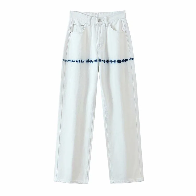 

Za Women 2021 Chic Fashion High Waist Straight Jeans Vintage Zipper Pockets white Splash ink Female Denim Pants Mujer