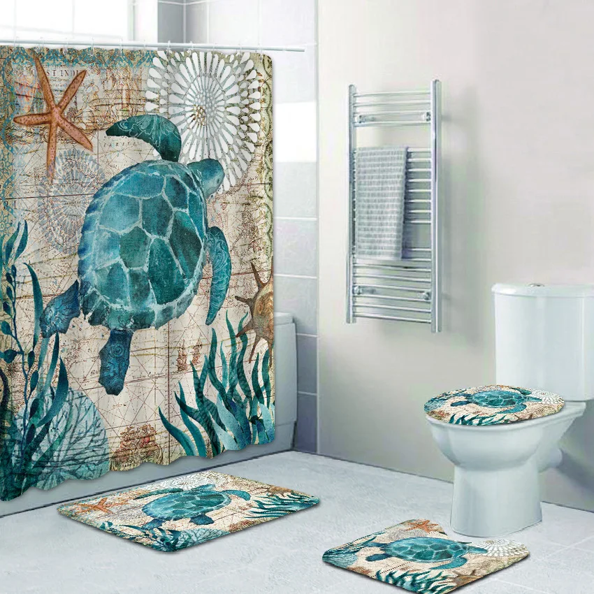 

Custom Bathroom Toilet Partition Marine life Design 3D Printed Waterproof Fabric Shower Curtain Set with Rugs