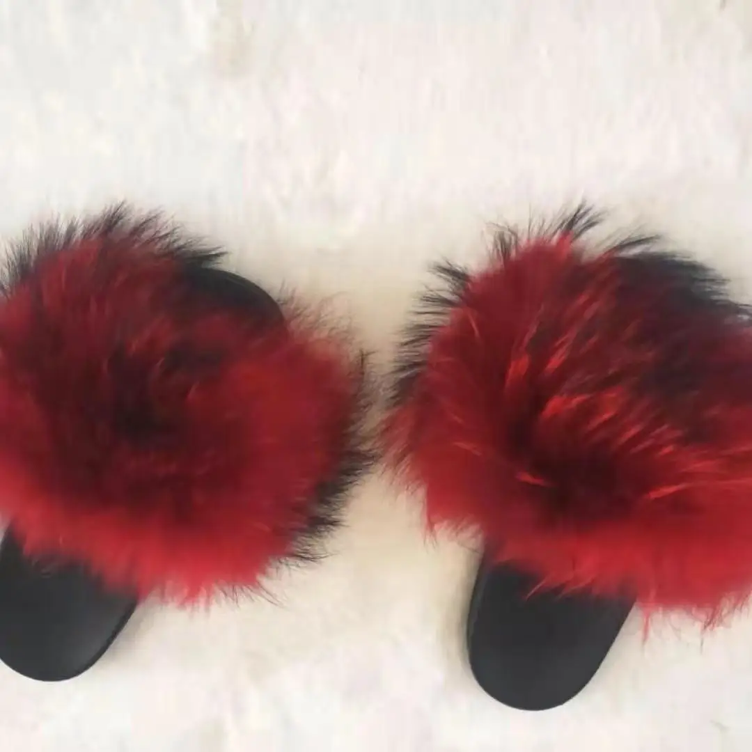 

New design custom mixed color female fox fur slippers sandals fur slides, Black,gray,blue,red or as customers' requirement