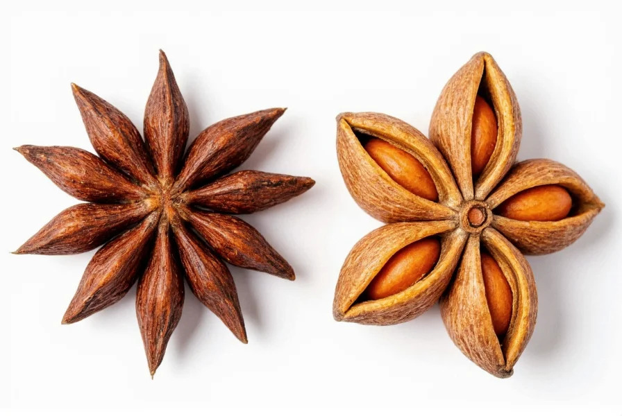 Close-up comparison of star anise pods and anise seeds showing their distinct shapes and colors