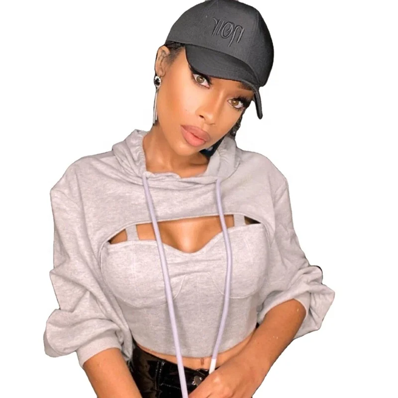 

Women Solid Color Long Sleeve Hoodies Sweatshirt Streetwear Fashion Pullover Hollow Out Crop Top Sweatshirt, Grey,green