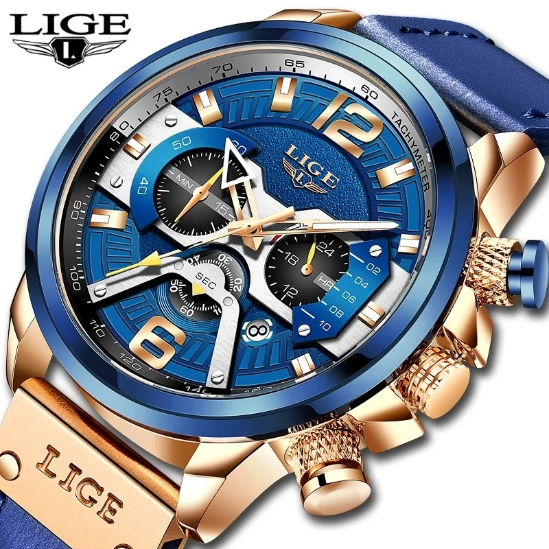 

2021 LIGE 8917 Men Watches Top Brand Luxury Blue Leather Chronograph Sport Watch Men Fashion Date Waterproof Clock Reloj Hombre, As shown