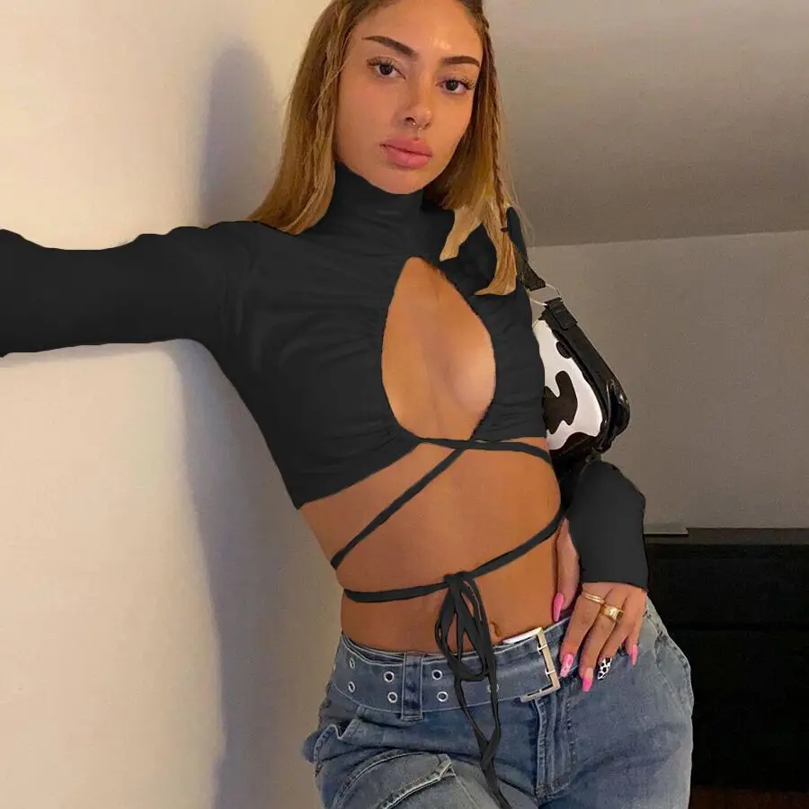 

Kliou K20L09958 2021 New Arrivals Autumn Bandage Hollow Out Hot Sexy Long Sleeve Crop Top T Shirt Women