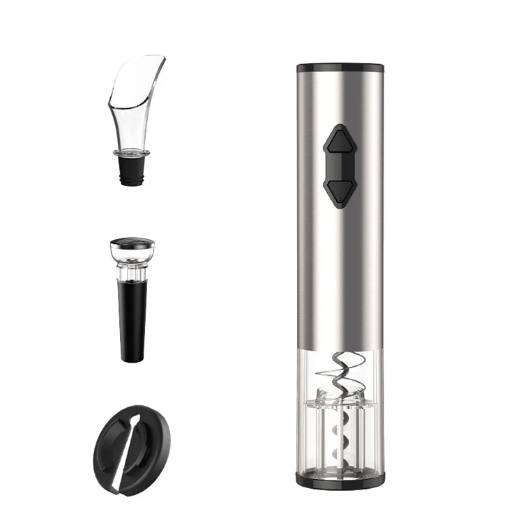 

Cordless Electric Wine Opener Automatic Corkscrew set contains Foil Cutter Vacuum Stopper Wine Aerator Pourer, Silver