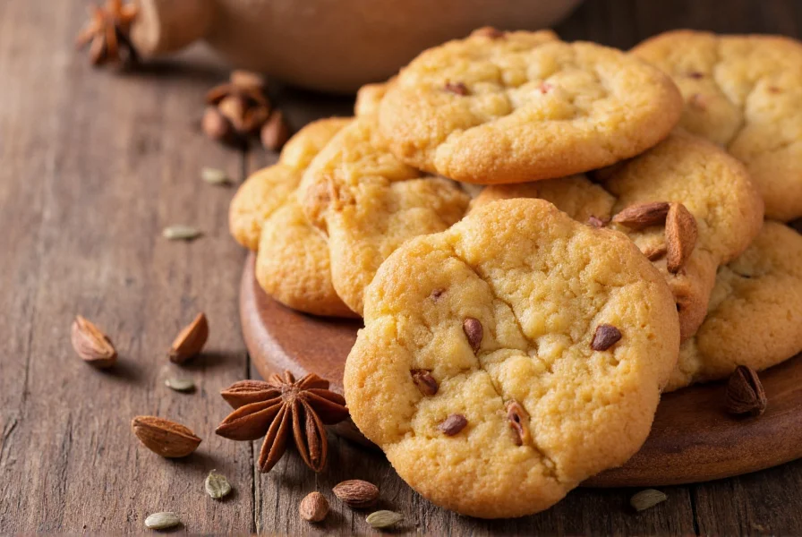 Close-up of golden anise cookies arranged on a rustic wooden board with whole anise seeds scattered around