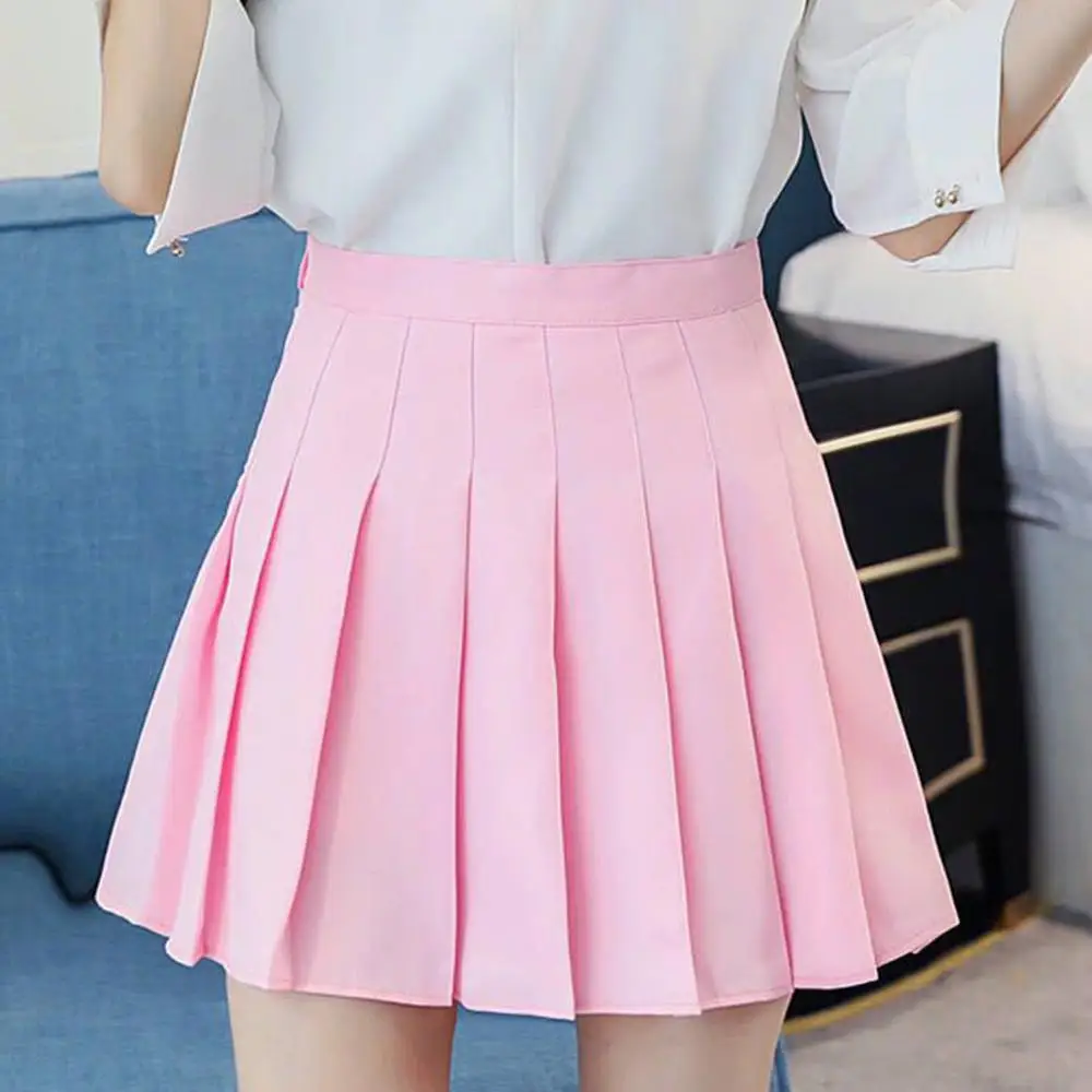 

Pink Satin summer High Pleated Mini Skirt Women's Fashion Slim Waist Casual Tennis Skirts school Vacation F271-1, Colors