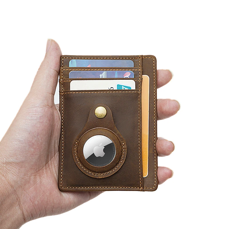 

TIDING New Arrive OEM RFID Blocking Slim Front Pocket Airtag Wallet Holder Crazy Horse Genuine Leather Money Clip for Men, Brown