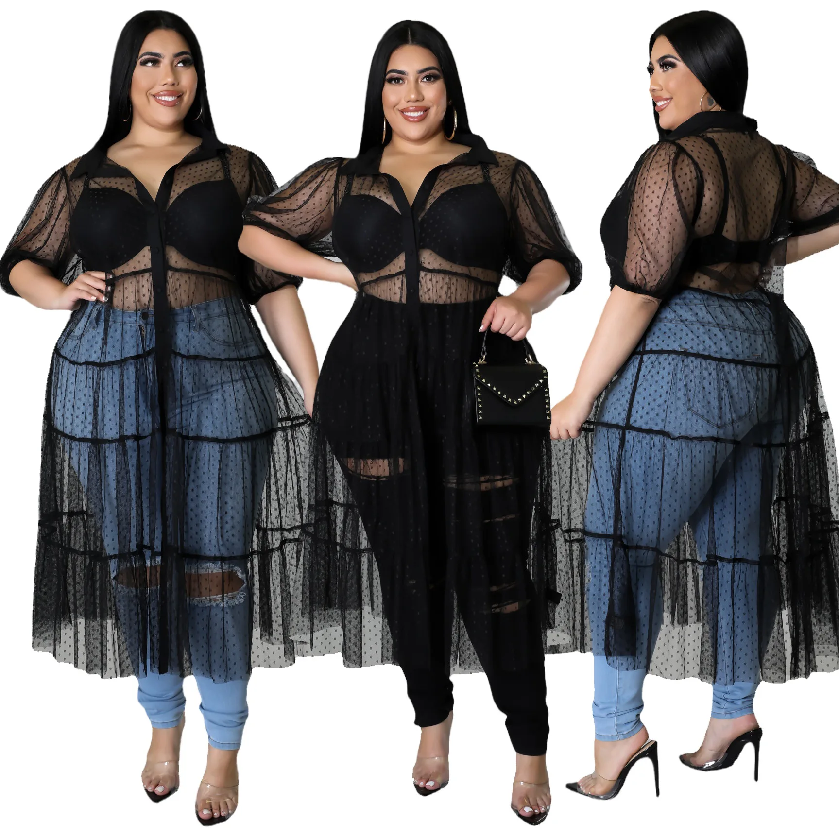 

Drop shipping 3xl loose see through mesh polka dot african plus size pleated women's dresses, As pic