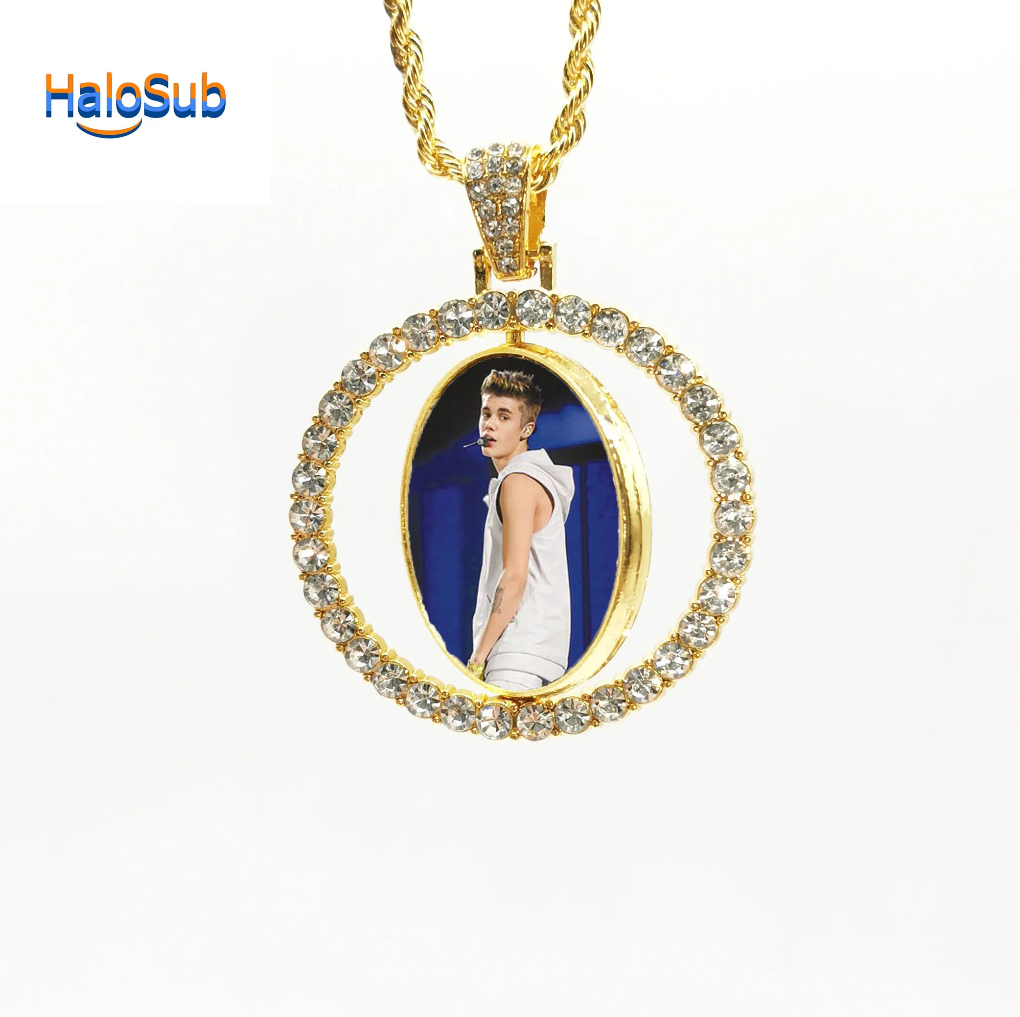 

Custom Sublimation Blank Rotatable Necklace Circle Bling Jewelry Fashion Men Gift Silver Party Stone Unise