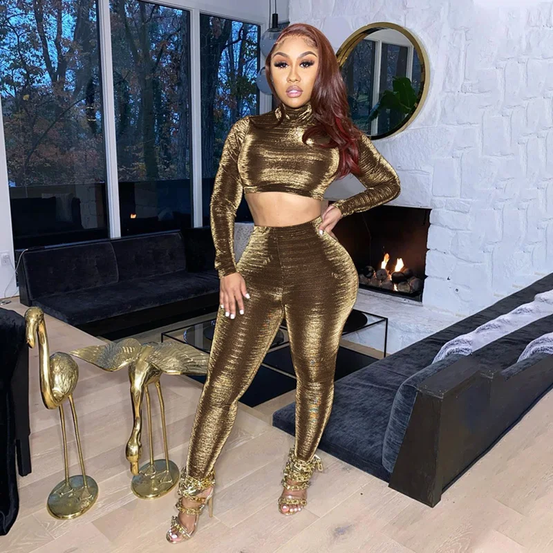 

Glitter High Neck Long Sleeve Crop T Shirt Top Bodycon Leggings Pant Women Shiny Popular 2 Pieces Set, Gold,sliver,blue