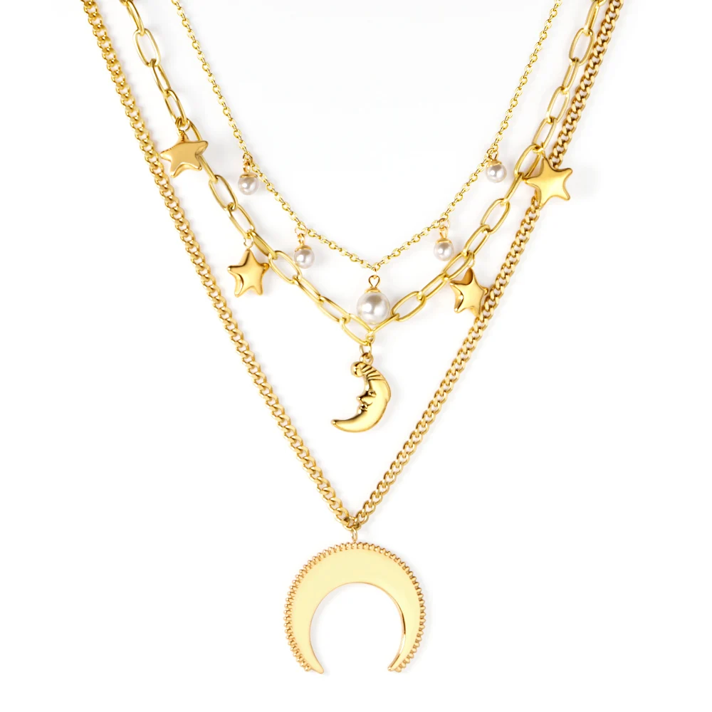 

Custom stainless steel jewelry 3 layers gold chains pearl star moon pendant necklace, Gold/silver available