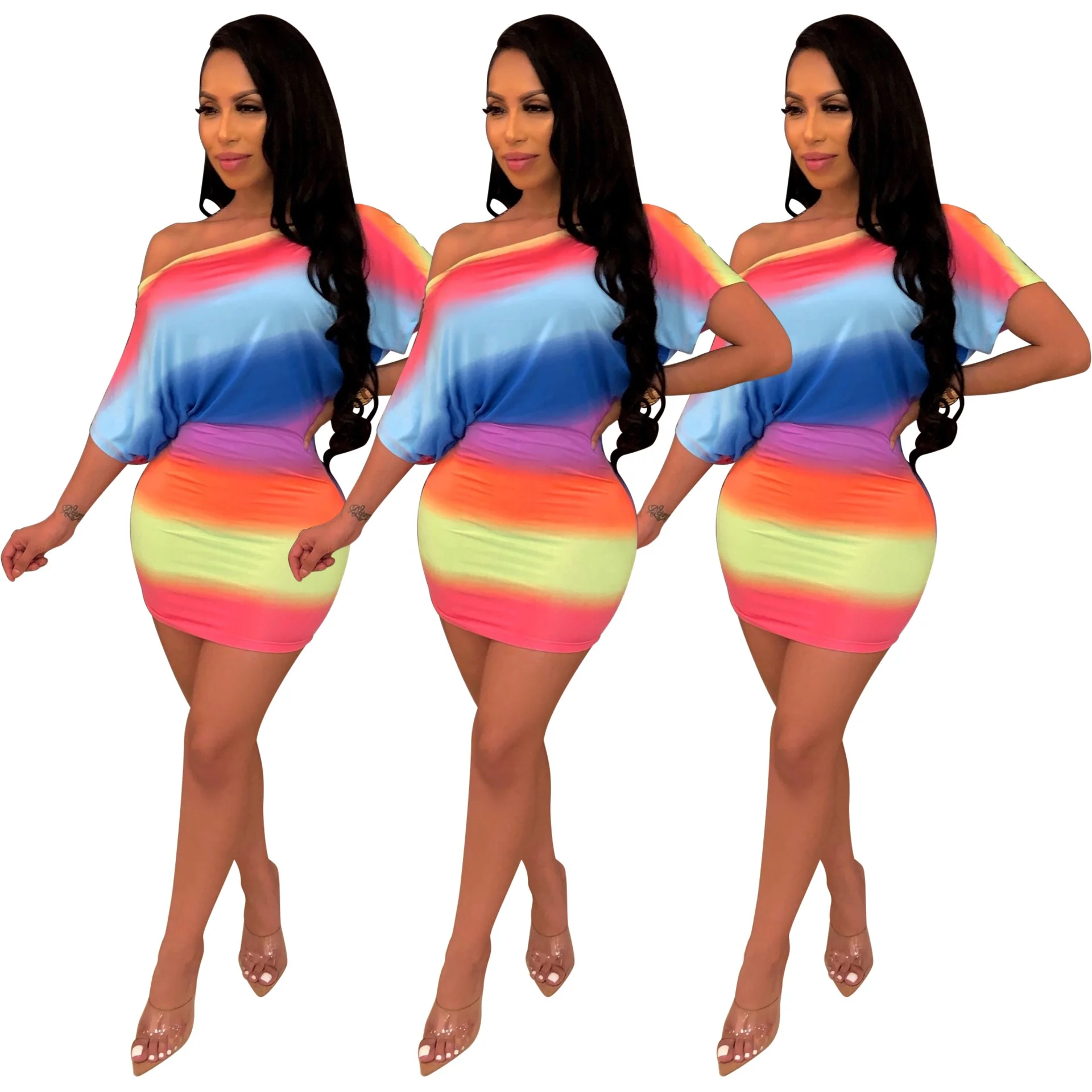 

MT94-5090 Explosive European and American Women's Fashion Rainbow Color Digital Print Slanted Shoulder Dress