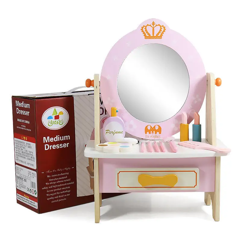 Children Wooden Dressing Play Pink Dresser Make up Table Educational Learning Cosmetics Pretend Toys for Girls From 9 to 12