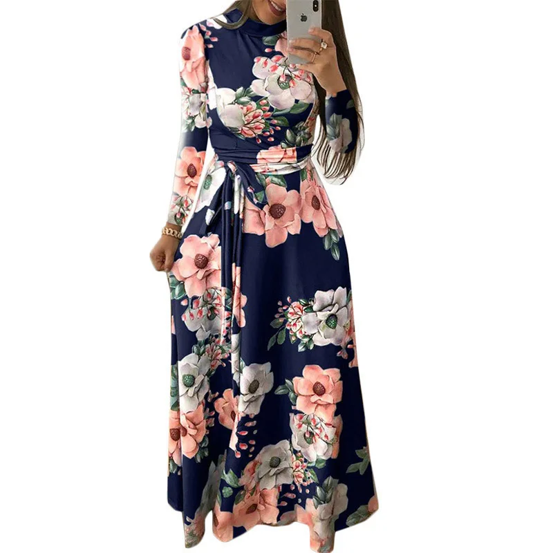 

Women Clothing Manufacturer Summer Floral Print Short Sleeve Long Maxi Dress Women Turtleneck Plus Size Casual Dresses