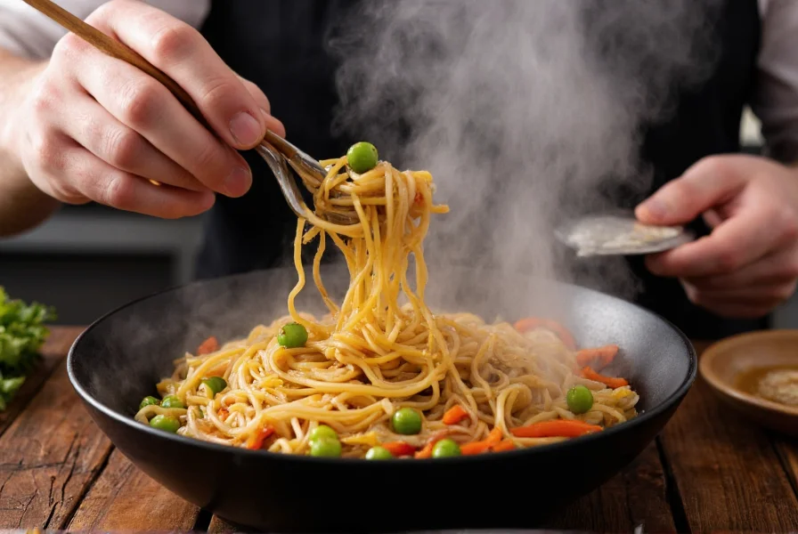 Chef drizzling chili oil over steaming bowl of noodles with vegetables