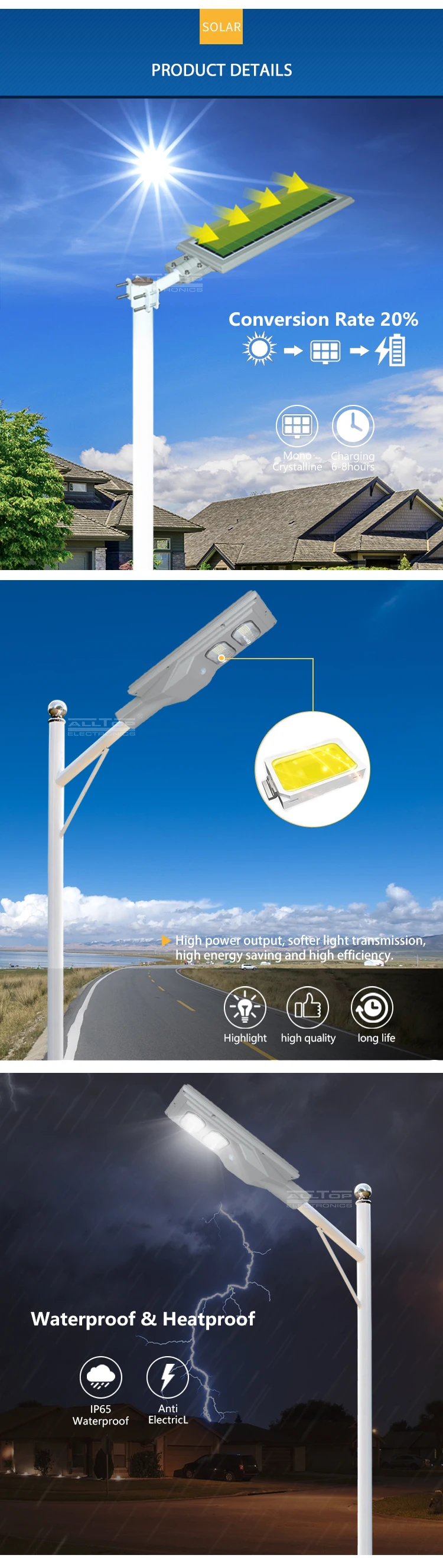 ALLTOP China factory solar energy motion sensor panel bollard light 30w 60w 90w 120w 150w all in one solar led street light