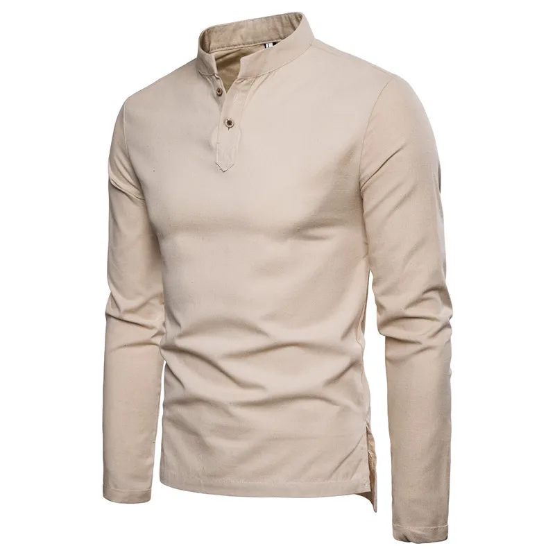 Casual Men's Plus Size T-Shirt New Long-Sleeved Solid Color Cotton Linen Stand-Up Collar Two-Button Woven 180 Grams Eco-Friendly