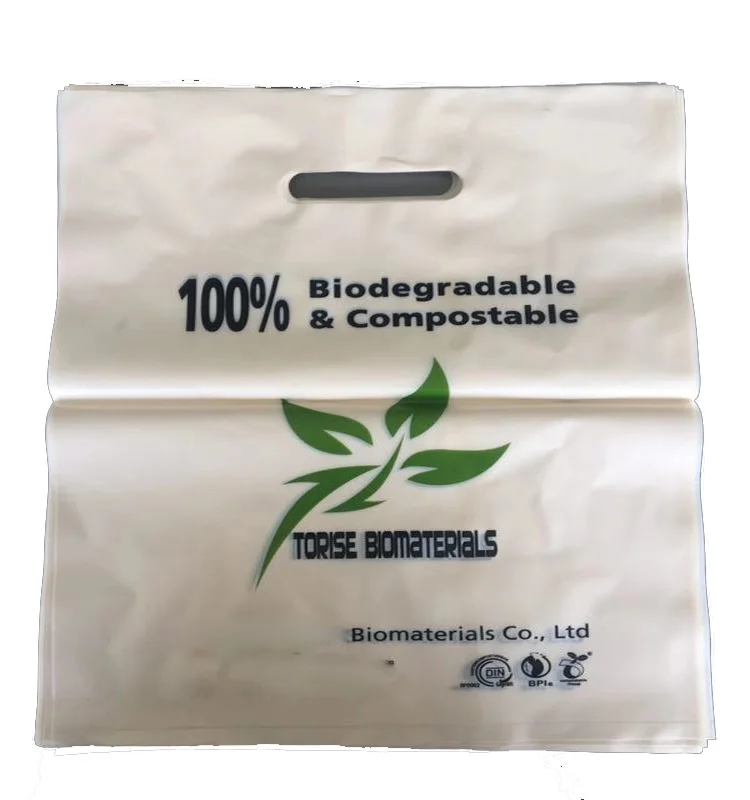 
certified custom printed merchandise punch die cut 100% biodegradable and compostable plastic shopper handle bag 