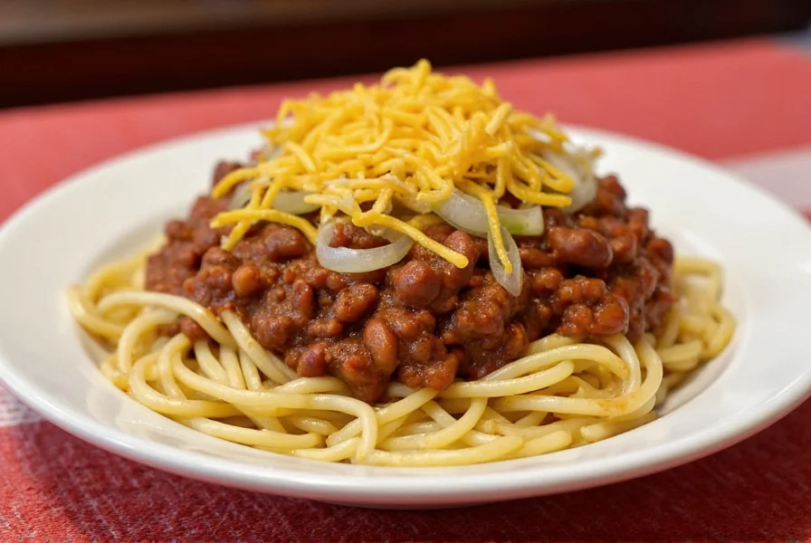 Authentic Cincinnati chili served over spaghetti with shredded cheddar cheese, onions, and beans