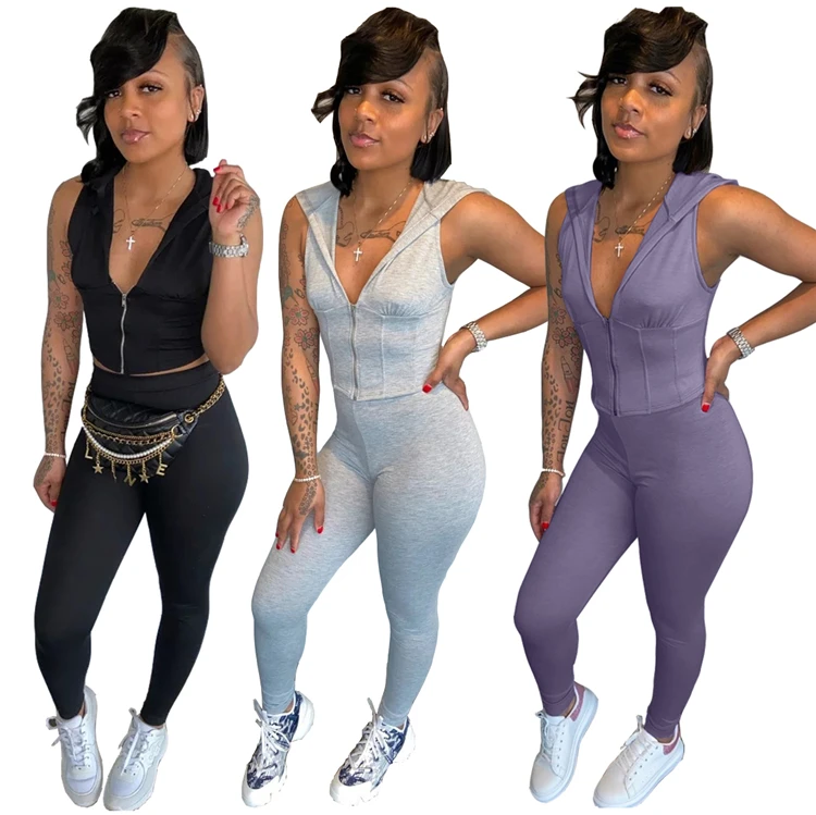 

New Fashion Lady Summer Tracksuit Sleeveless Hooded Zipper Tank Top Long Skinny Trousers Sport Wear Joggers Women Two Piece Set