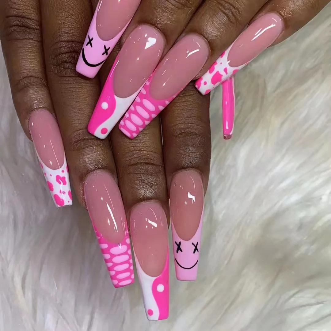 

custom press on nails 2021 print french design long coffin press on nails artificial fingernails for women