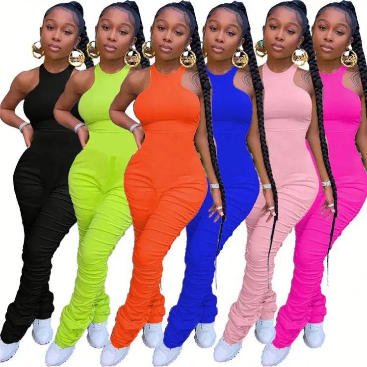 

Summer Outfits Two Piece Set Women Clothing Pleated Tight Drawstring Off Shoulder Crop Top And Jogger Stack Pants Suit