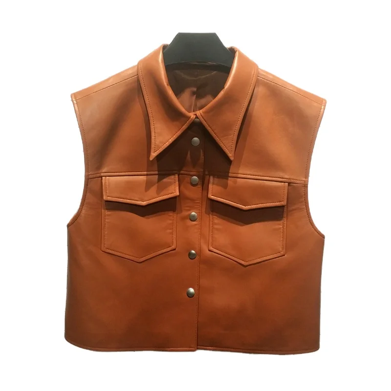 

Fashion Women Classic Style Gilet Pockets Real Leather Vest, As picture