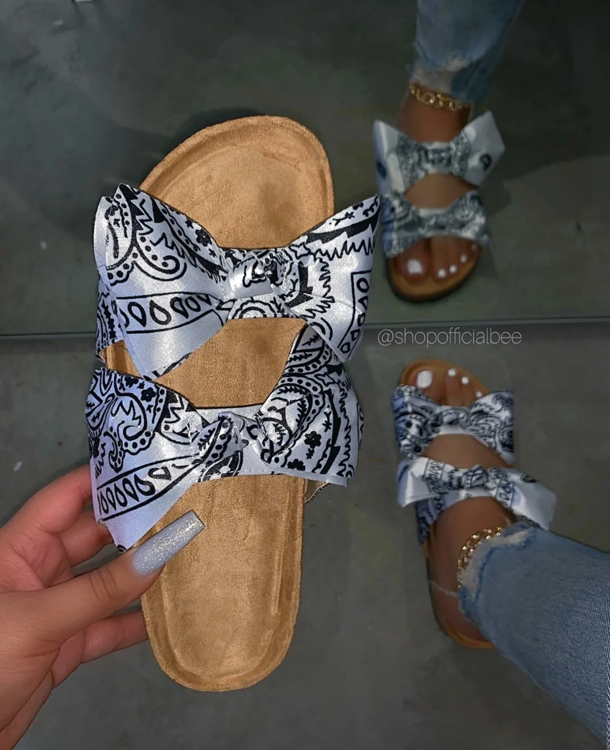 

Beautiful Sexy Silk Double Bow Women Slippers Flat Sandals For Ladies Zapatillas de mujer, Customized color