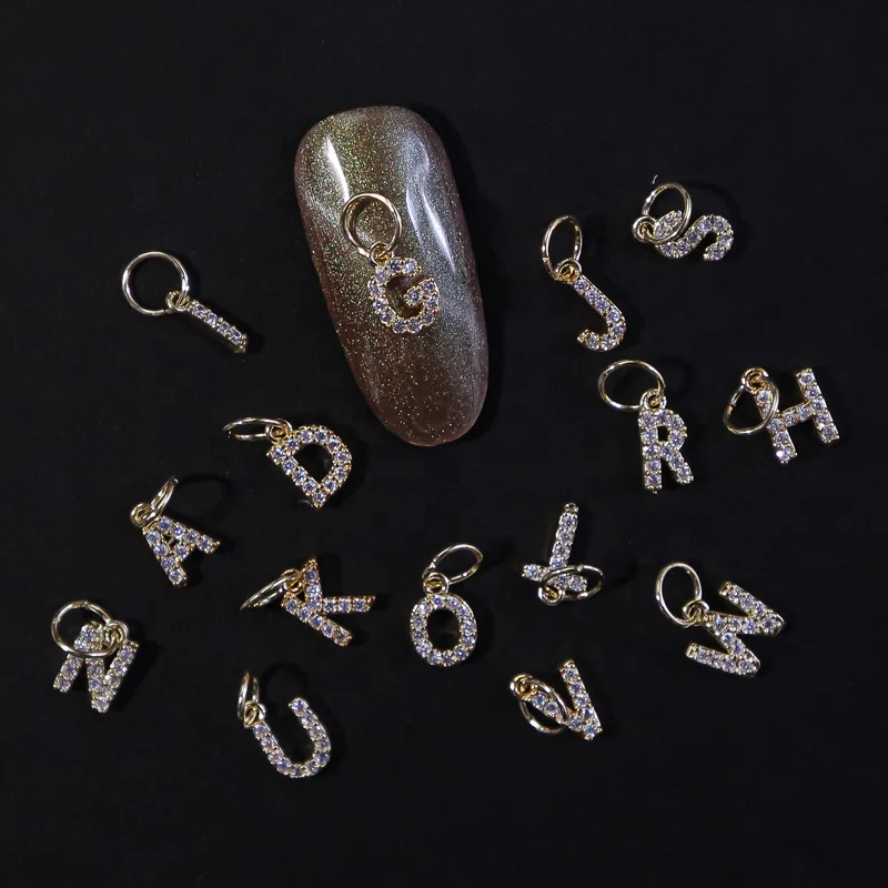 

26 Letter Pendant Charms for nail Pendant Diy Gold Deco Zircon Charms Metal Deco Charms Nail Art letter, As shown