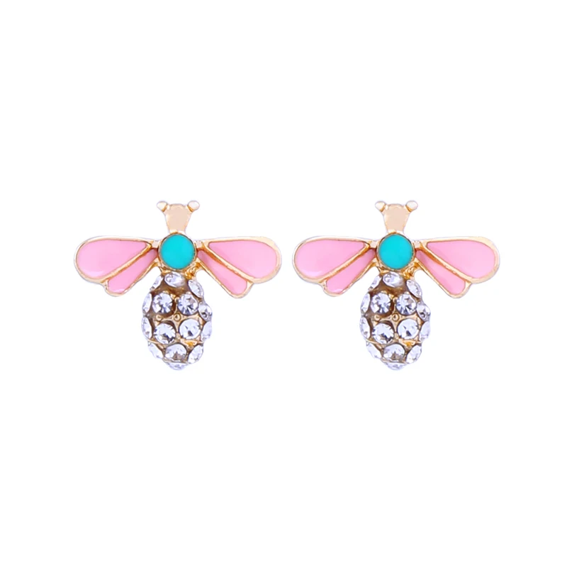 

de98032 2021 Hypoallergenic Gold Plated Pink Enamel Crystal Rhinestone Insect Bee Stud Earrings Earings Studs Women