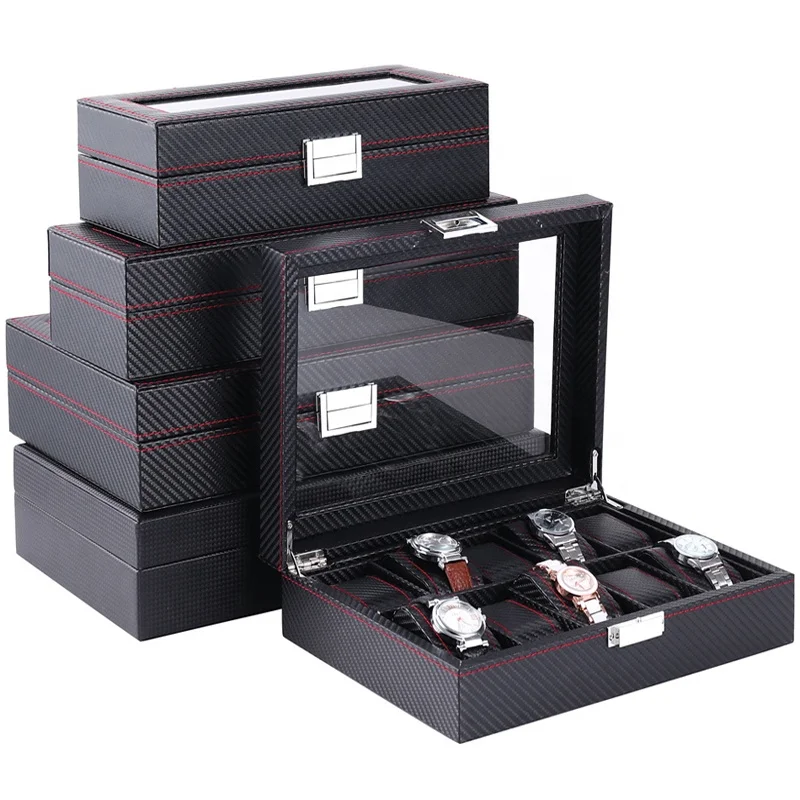 

Wholesale 3,5,6,10,12slots watch organizer luxury carbon fiber leather watch box for watches, Black,pantone as well as cmyk