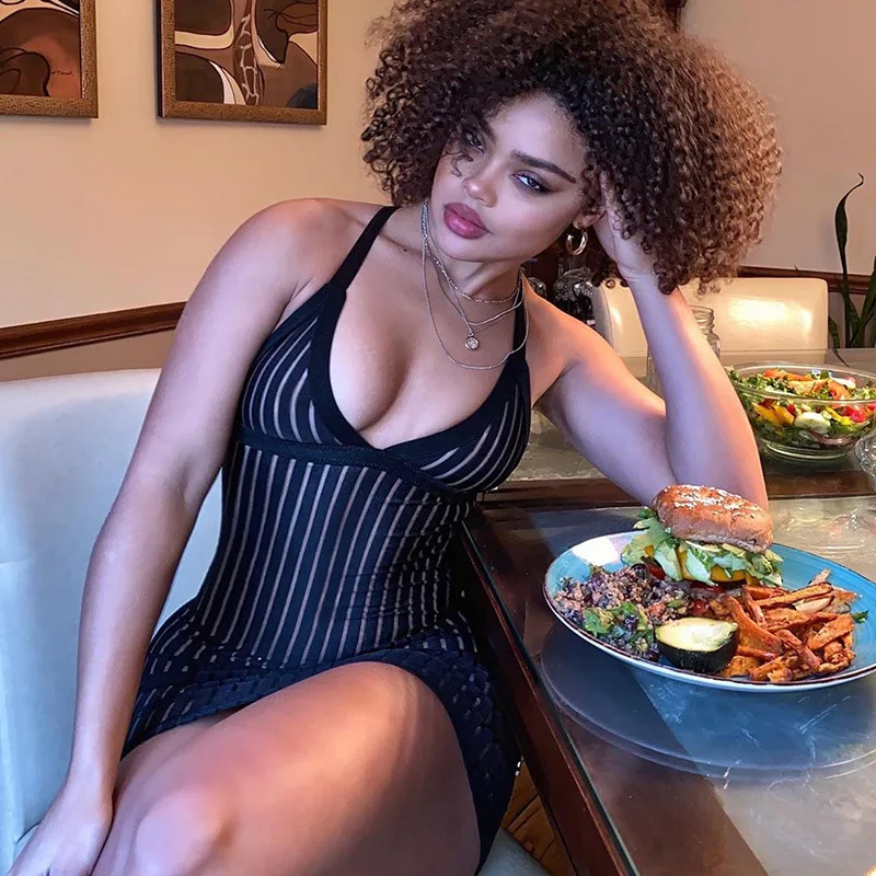 

Ladies New Fashion Sexy Mesh Sheer Black Bodycon Dress for Women see through dress transparent