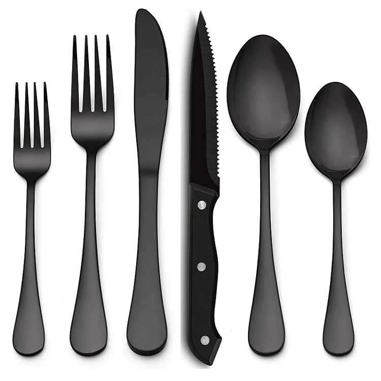 

24 Pieces Black Silverware Set with Steak Knives Stainless Steel Flatware Cutlery Set Kitchen Utensil Tableware Set, Matt black