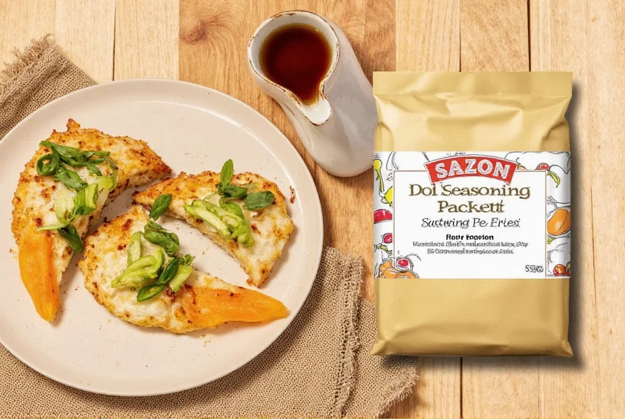 Kitchen with sazon seasoning packet and fresh vegetables