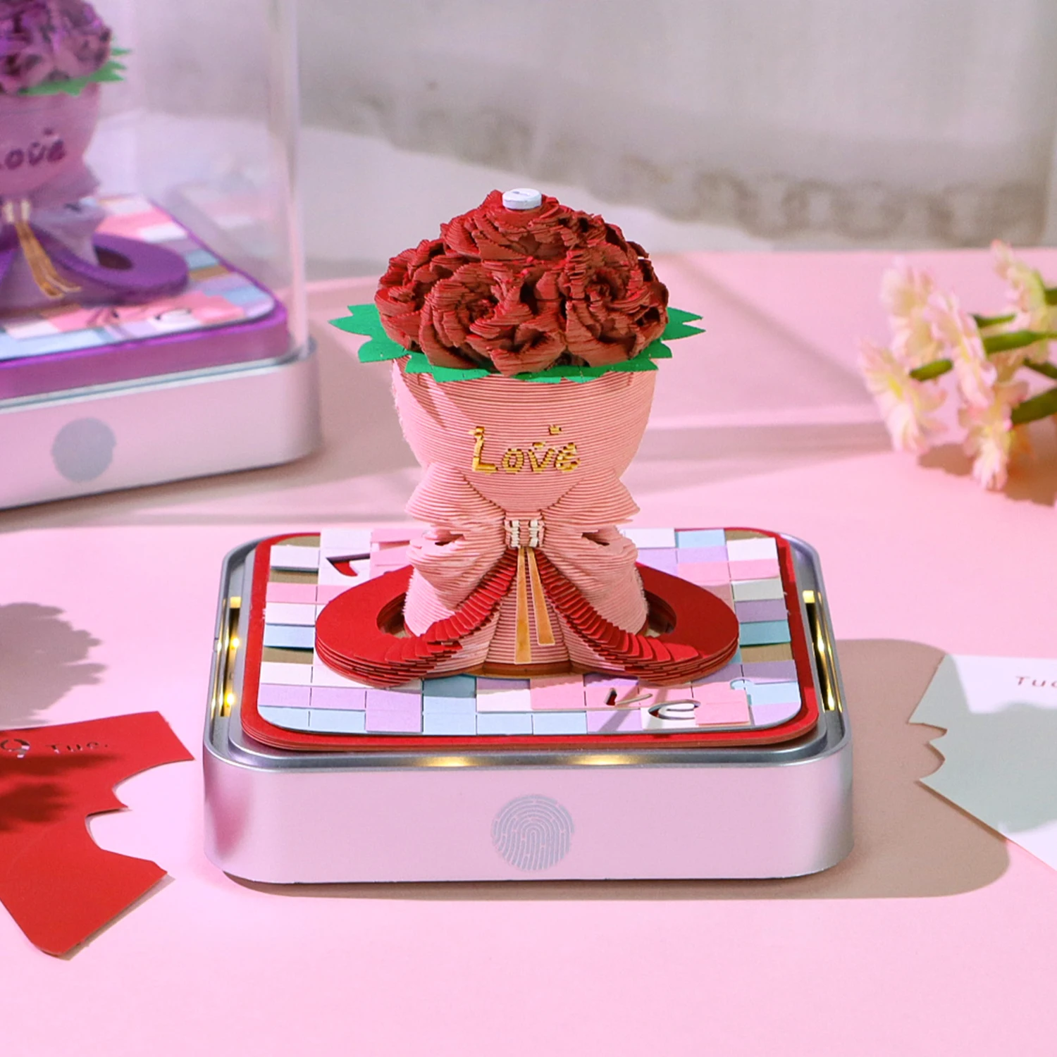 Valentine Day Gift 3D Memo Pad Custom Calendar Rose Flower With Light Note Pad Stationery Christmas Birthday Gift for Girlfriend