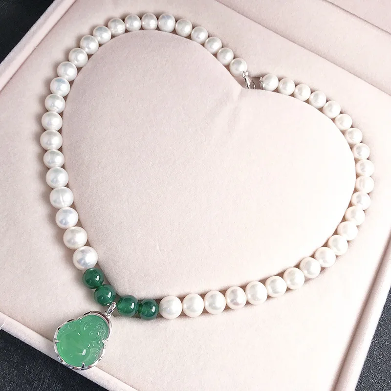 

Natural Freshwater Pearl Necklace 925 Sterling Silver Inlaid With Natural Jade And Chalcedony Buddha Set Gift For Mother