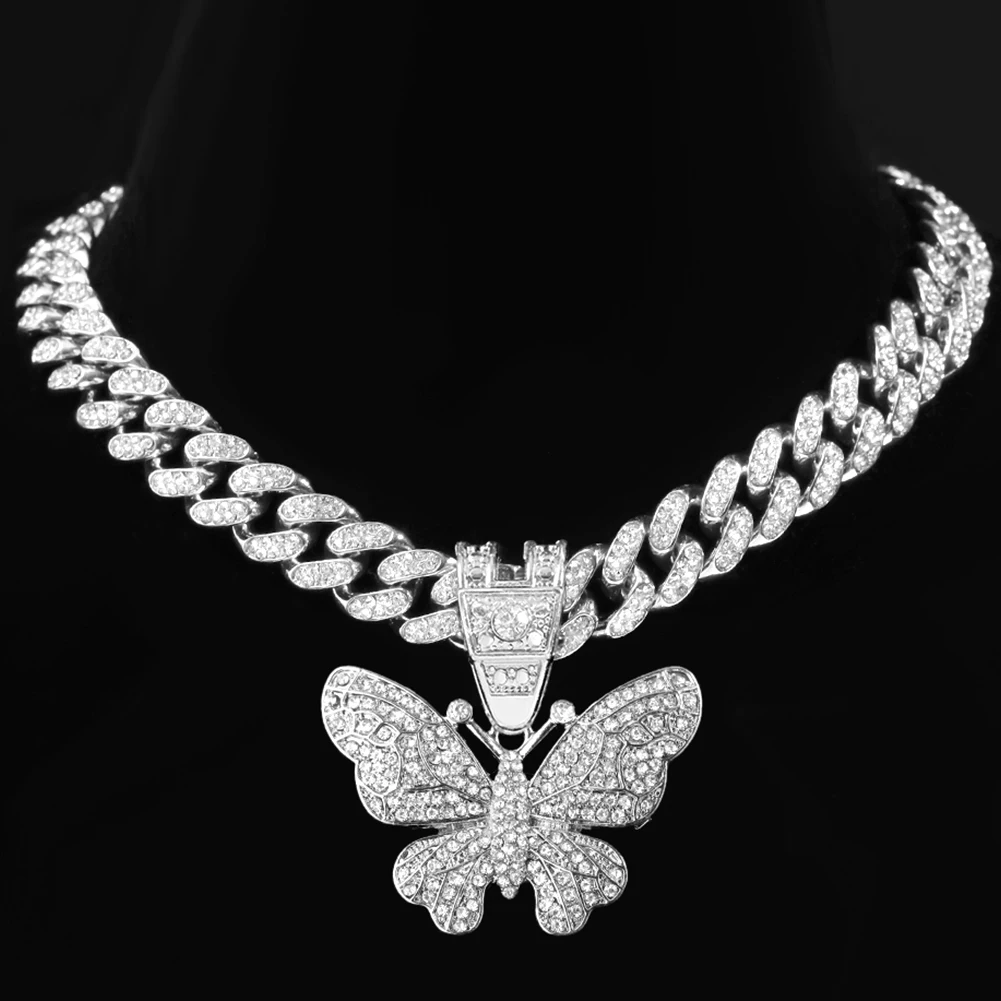 

Hot Selling Cute Crystal Butterfly Charm Cuban Chain Necklace For Women Stainless Steel Butterfly Necklace, Gold silver plated