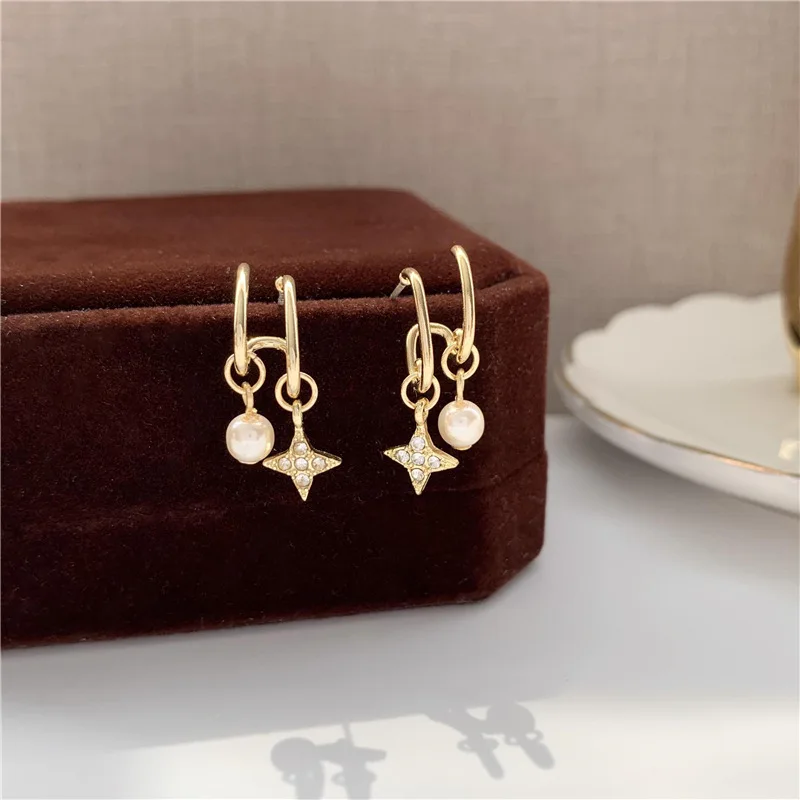 

JUHU New fashion alloy pearl diamond earrings star pendant earrings personality retro style jewelry for women, Colorful