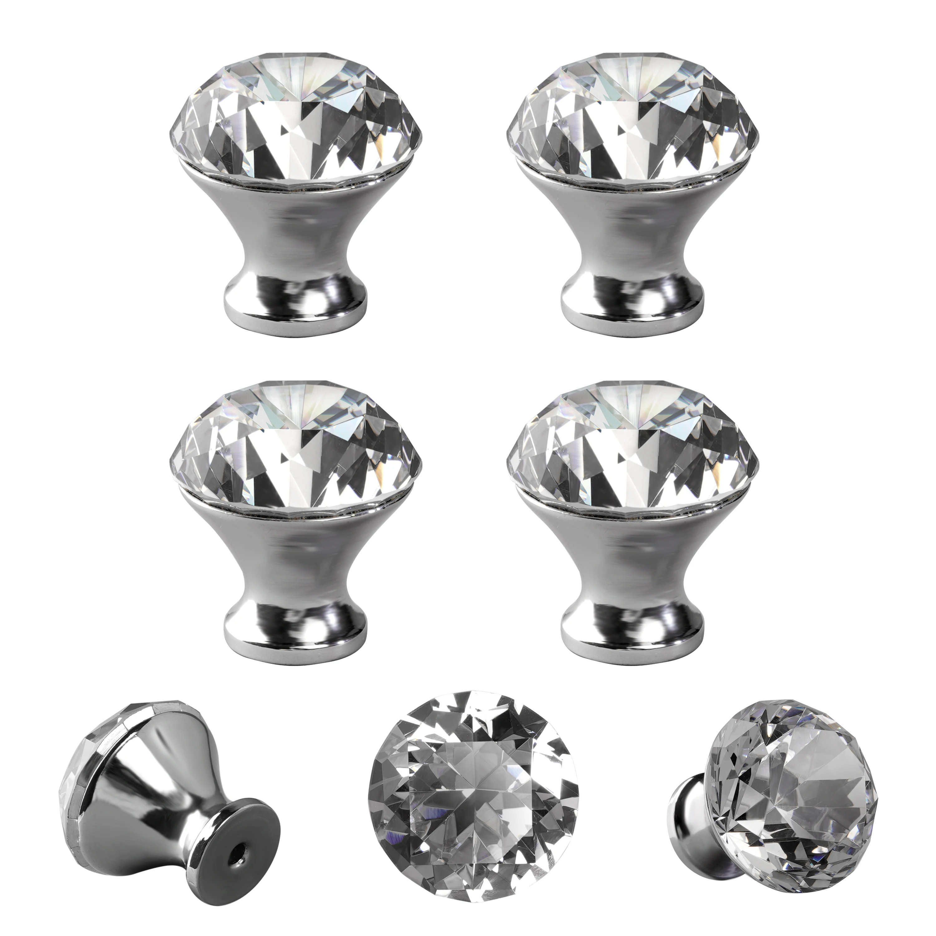 30mm Dia Diamond Crystal Glass Alloy Door Drawer Cabinet Wardrobe Pull Handle Knobs for Kids Kitchen Dresser Bedroom Living Room