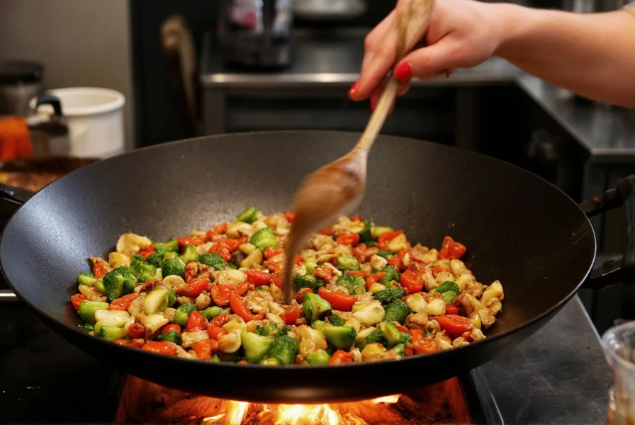 Professional chef stir-frying vegetables and chilies in a traditional carbon steel wok over high flame showing wok hei technique