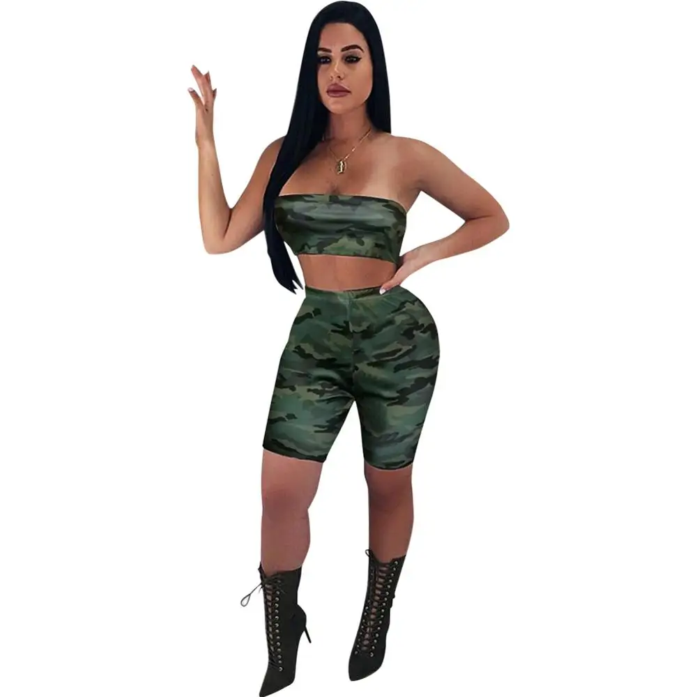 

2021 summer women clothing sexy camouflage print skinny crop top womens 2 piece short set