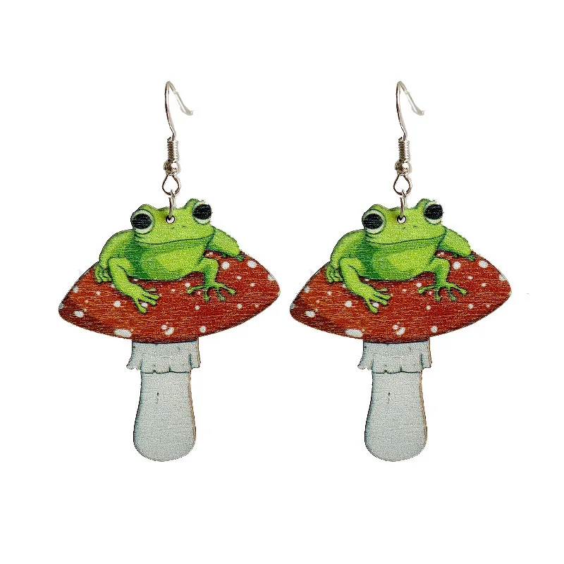 

2022 New Handmade Leather green plant mushroom sunburst frog dangle earrings