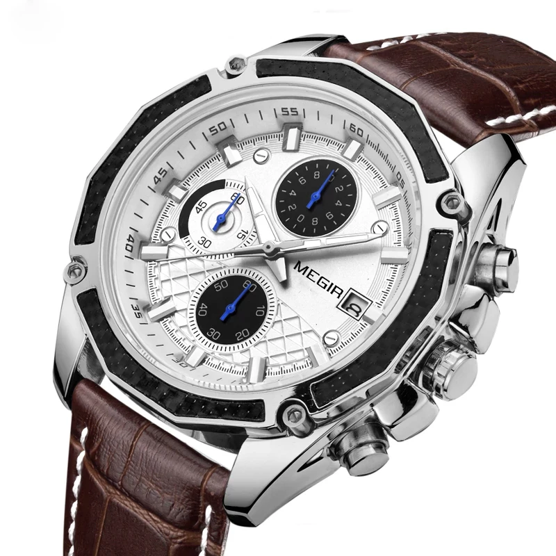 

Drop ship Fashion Genuine Leather Chronograph Clock for Gentle Men Male Students Reloj Hombre MEGIR Official Quartz Men Watches