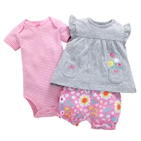 

3PCS Baby Girl Clothes Set 100% Cotton New Design Summer Wear Knitted Interlock Bodysuit And Shorts 6-24M Hot Sale Dress Girl