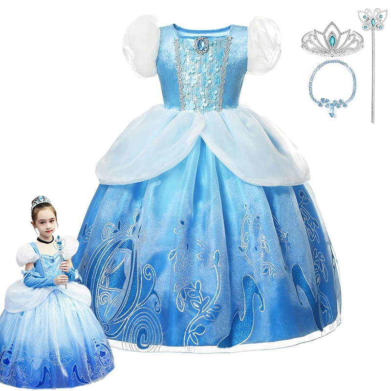 

Girls Cinderella Dress Up Dresses Kids Rella Gradient Color Gorgeous Ball Gown Fluffy Castle Print Lace Glitter Princess Costume, Blue