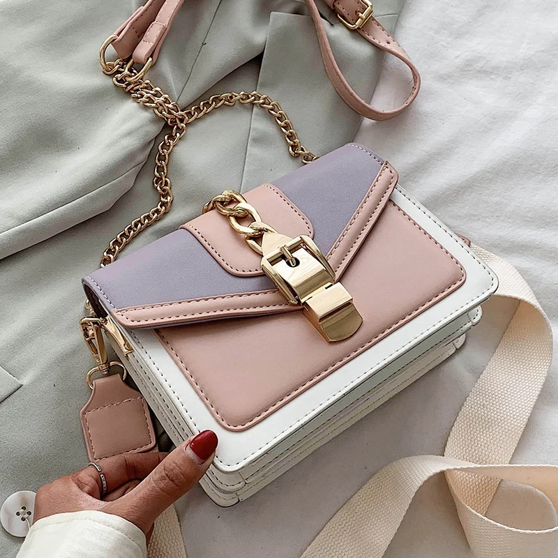 

Contrast Color Fashion Chain Crossbody Bags PU Leather Ladies Handbags Luxury Small Women Hand Bags 2022