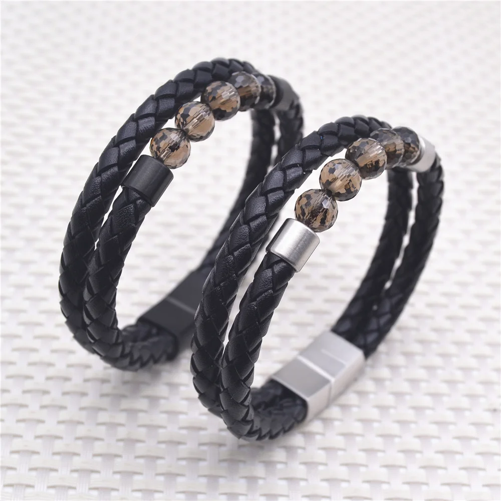 

Factory Men Stainless Steel Locking Buckle Custom Engrave Braided Multi Layer Genuine Black Leather Bracelet with Magnetic Clasp, Silver, black, customized color