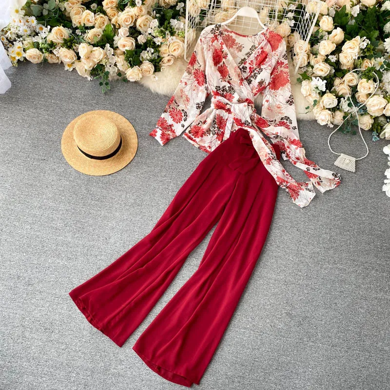 

2021 new chiffon print cross V-neck one-piece jacket high waist shows slim legs pantsuit two pieces, Picture color